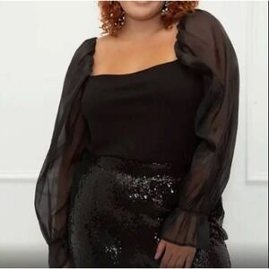 NEW Eloquii Womens‎ Organza Balloon Sleeve Blouse Black Size 14/16 Whimsigoth